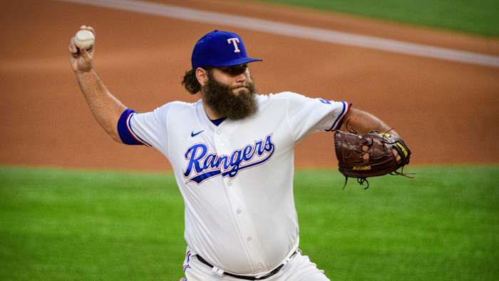 Texas Rangers starting pitcher Lance Lynn (35) pitches against the Houston Astros during the first inning at Globe Life Field.
